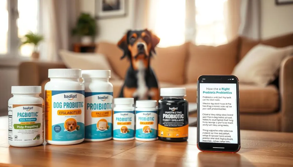 A well-lit, realistic home interior scene with a wooden table in the foreground. On the table, an assortment of dog probiotic supplements, their labels clearly visible, alongside a smartphone displaying a website or app with information about choosing the right probiotics for a dog's specific needs. In the middle ground, a dog sits attentively, watching the scene. The background is softly blurred, depicting a cozy living room setting with warm, natural lighting. The overall mood is informative and helpful, guiding the viewer on how to make an informed decision when selecting probiotics for their canine companion.