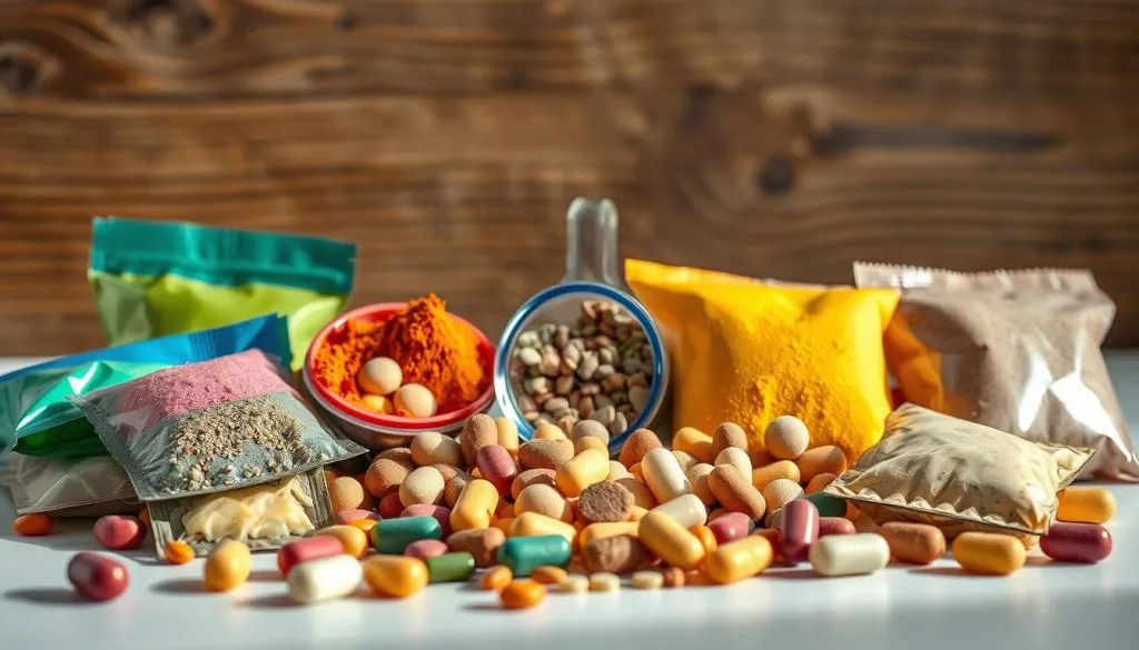 A well-lit still life scene depicting an arrangement of various pet supplement forms. In the foreground, an array of vibrant powder sachets, chews, and capsules in an array of colors and shapes. In the middle ground, a sleek glass container with a scoop of powder and a few soft chews spilling out. In the background, a backdrop of natural textures like wood or stone, creating a warm, inviting atmosphere. The lighting is soft and directional, casting gentle shadows that accentuate the three-dimensional forms. The composition is balanced and visually appealing, showcasing the diversity of supplement options for dogs of all ages.