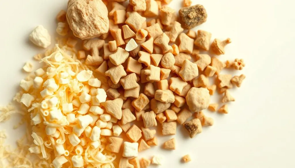 Detailed close-up of various prebiotic fibers and compounds against a clean, minimalist background. Soft, warm lighting illuminates the textures and structures of the prebiotics, including inulin, galacto-oligosaccharides, and resistant starches. The composition emphasizes the interconnected, symbiotic nature of these gut-supporting nutrients, conveying a sense of harmony and balance essential for a healthy microbiome. Crisp focus and a shallow depth of field draw the viewer's attention to the intricate details of the prebiotics, inviting deeper examination and appreciation of their role in canine digestive wellness.