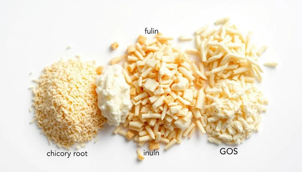 Detailed illustration of various prebiotic fiber types commonly found in dog food products, including chicory root, inulin, fructooligosaccharides (FOS), and galactooligosaccharides (GOS). Crisp, high-contrast image with natural lighting and depth of field, captured with a wide-angle macro lens. The fibers are arranged in an organized, informative display against a clean, neutral background, highlighting their distinct shapes, textures, and colors. An educational, scientific visualization that conveys the diverse range of prebiotics that can support a dog's gut health.