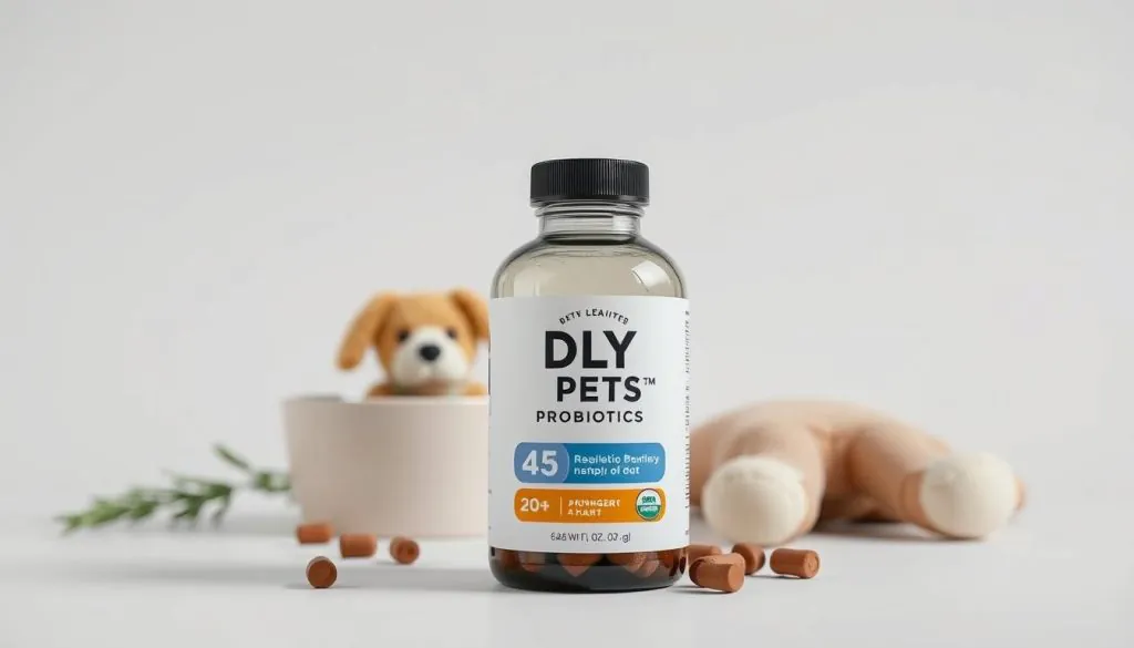 Detailed still life of DLY Pets probiotics for dogs, set against a clean, minimalist background. The foreground features the probiotics bottle in a prominent position, with crisp lighting highlighting its label design and glass container. The middle ground includes complementary dog-themed props such as a ceramic food bowl and a plush toy, arranged artfully. The background is a simple, neutral-toned studio setup, allowing the product and its accessories to be the focal point. The overall mood is one of natural, healthy pet care, with a premium, high-quality aesthetic.