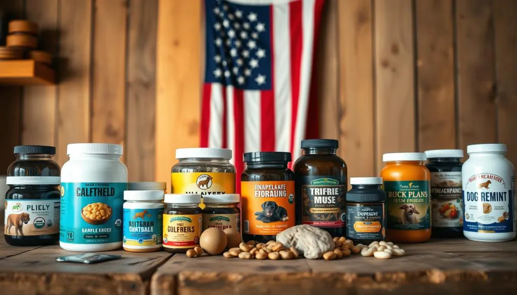 USA-made dog supplements, a high-quality assortment of natural, wholesome ingredients. In the foreground, various jars and bottles are neatly arranged, displaying vibrant colors and clear labeling. The middle ground showcases a rustic wooden table, with the American flag draped casually in the background, conveying a sense of patriotism and craftsmanship. The lighting is warm and inviting, creating a soft, homely atmosphere. The camera angle is slightly elevated, providing a clean, unobstructed view of the products. The overall mood is one of trust, quality, and attention to detail, reflecting the care and dedication put into these made-in-the-USA dog supplements.