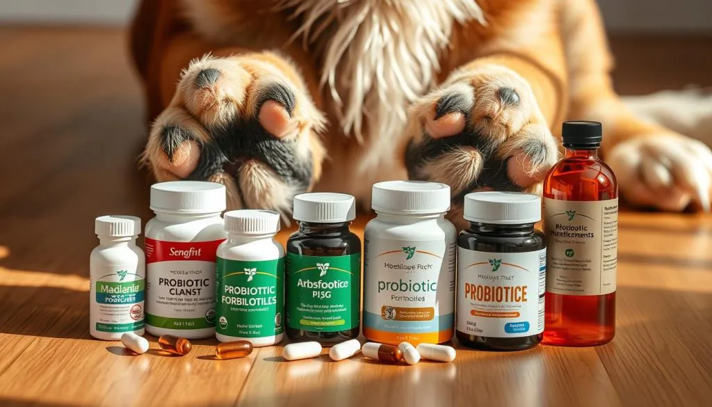 a detailed, close-up image of a dog's paws with an assortment of probiotic supplements placed in front of them, including capsules, powder, and liquid forms, all arranged neatly on a wooden surface. The lighting is soft and natural, creating a warm, inviting atmosphere. The focus is on the probiotic products, but the dog's paws are visible, suggesting the intended use for the supplements. The image conveys a sense of care and attention to the dog's health and well-being.